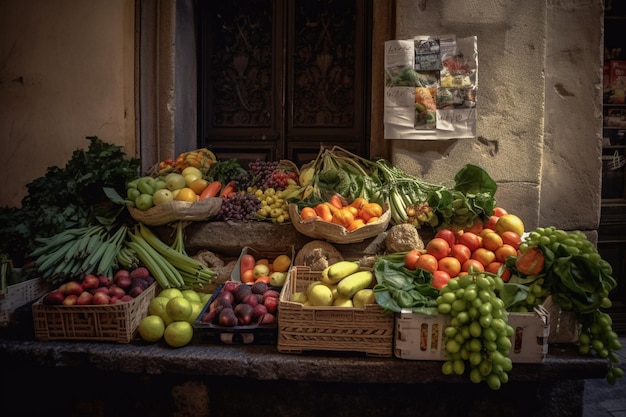 A fruit stand with baskets of fruit and vegetables