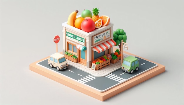 a fruit stand with a car and a mini van on it