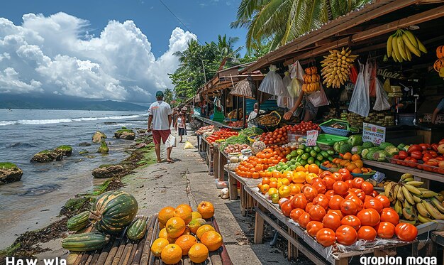 a fruit stand with a man walking by a market