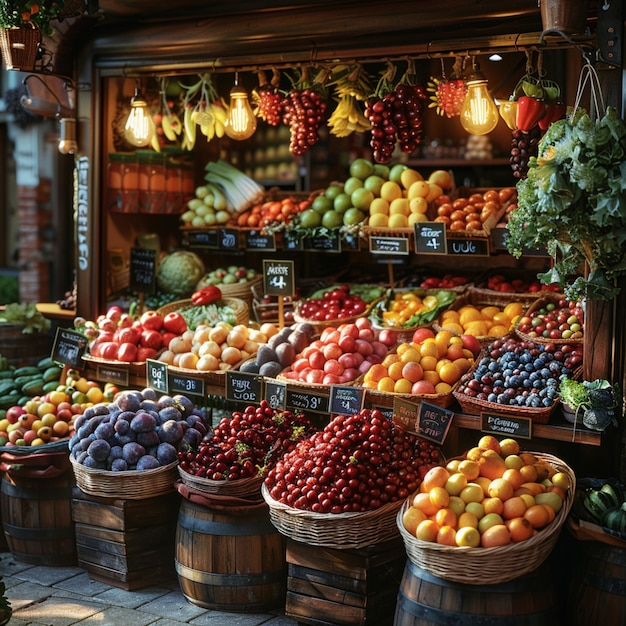 a fruit stand with a sign that says fresh fruit