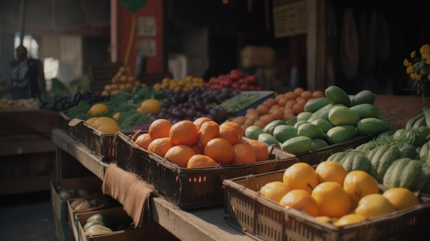 A fruit stand with a sign that says'fresh'on it