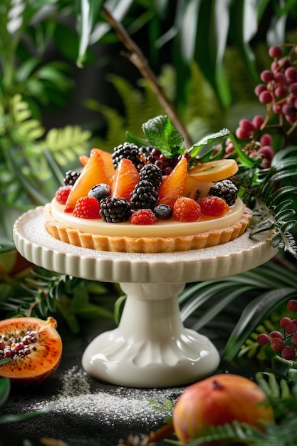 A Fruit Tart elegantly presented on a white pedestal and encircled by lush greenery