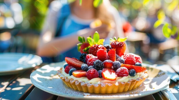 Photo fruit tart topped with mixed berries on outdoor table