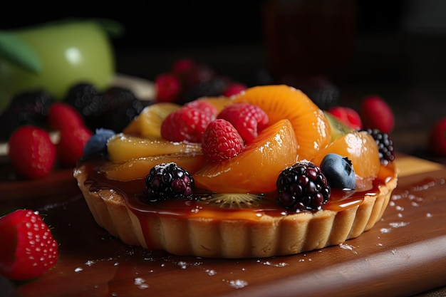 Fruit tart topped with spiced caramel sauce and sea salt created with generative ai