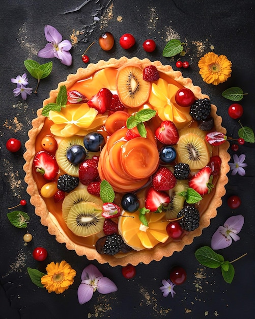 A fruit tart with a black background and a purple flower on the top.