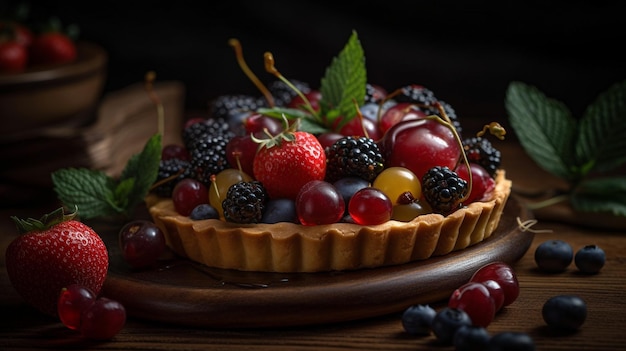 A fruit tart with blackberries and blueberries