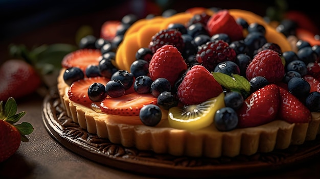 A fruit tart with a dark background