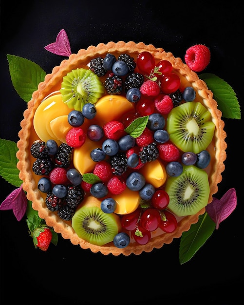 A fruit tart with different fruits on top