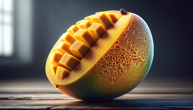 a fruit that is cut in half and is yellow and orange