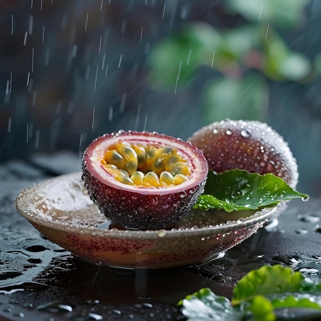 a fruit that is on a plate with the rain falling on it