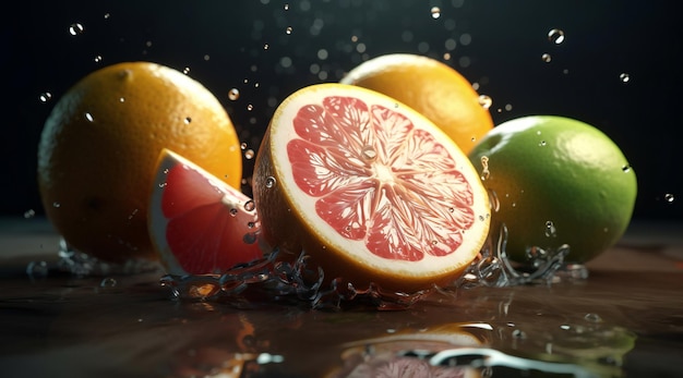 A fruit that is in water with a splash of water.