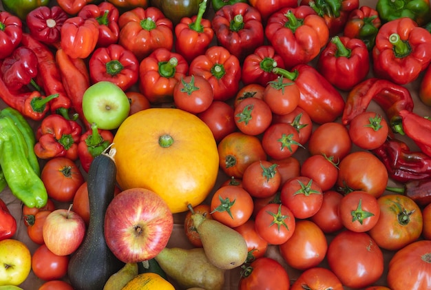 Fruit and vegetable background Top view