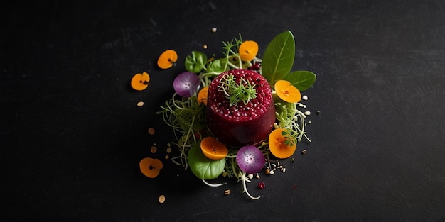 Photo a fruit and vegetable display with oranges and purple fruits