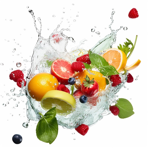 Photo fruit and vegetable fragments fall into the water