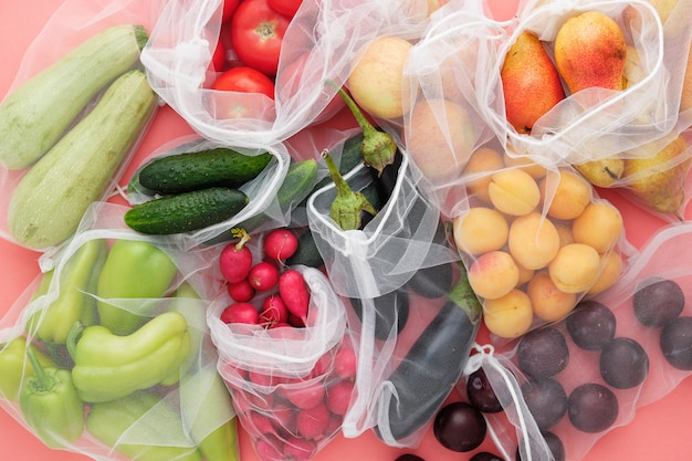 Fruit and Vegetable in Shopping Bag Set Top View