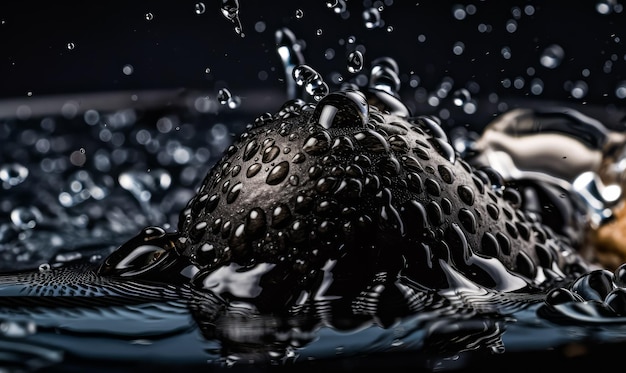 Fruit or vegetable in water and with drops of water on top Avocado in the liquid at black backdrop Generative AI