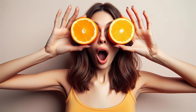 Fruit vitamin c healthy eating fun woman is holding two halves of an orange over her eyes She is loo