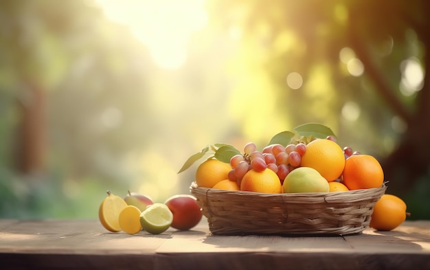 fruits basket on wooden table on blurred fruits garden background under sunshine