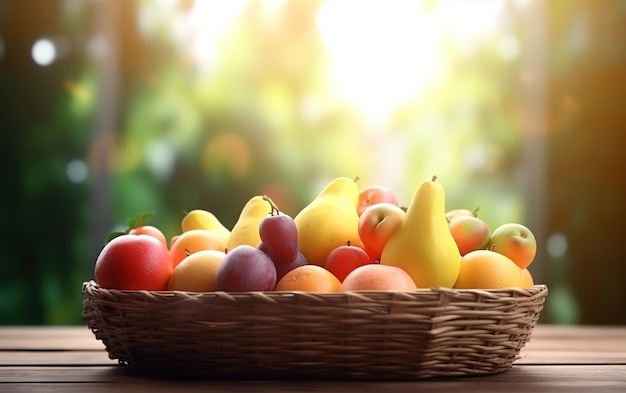 fruits basket on wooden table on blurred fruits garden background under sunshine