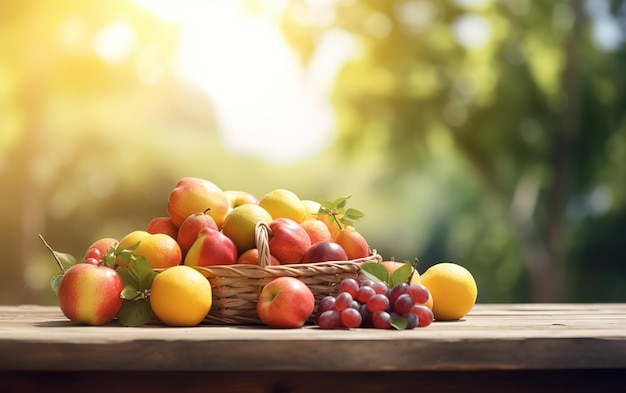 fruits basket on wooden table on blurred fruits garden background under sunshine