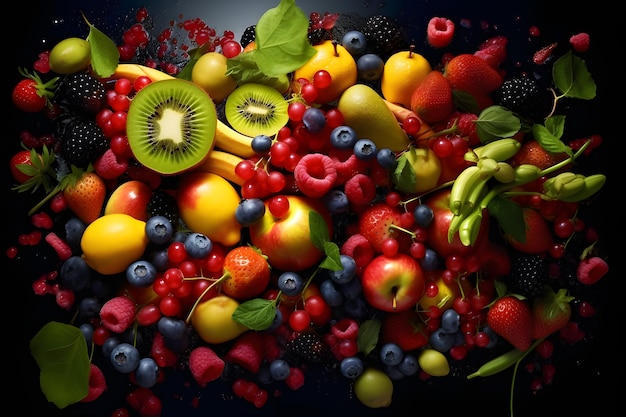 Fruits and berries on a black background Healthy food concept