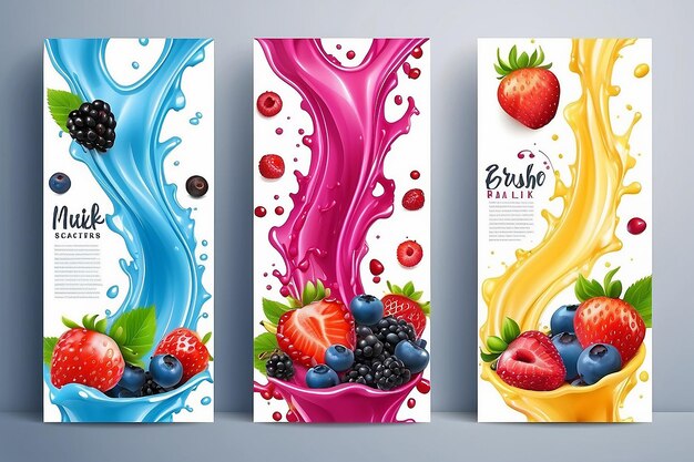 Fruits and berries in milk splashes vector banners