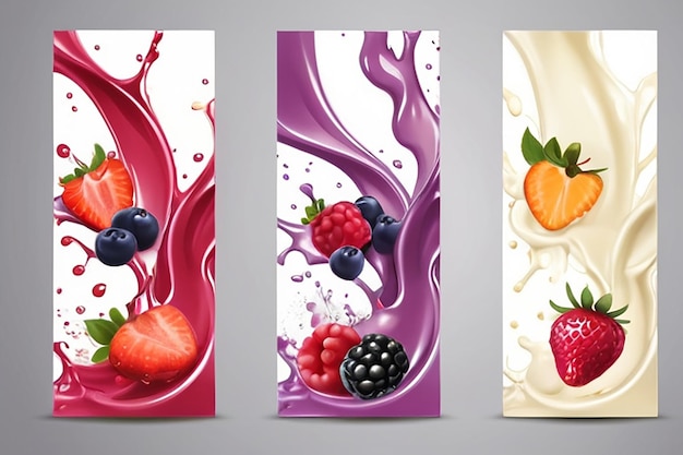 Fruits and berries in milk splashes vector banners