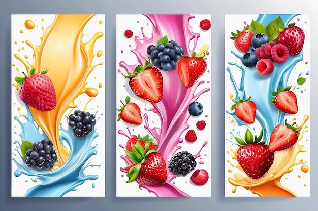 Fruits and berries in milk splashes vector banners