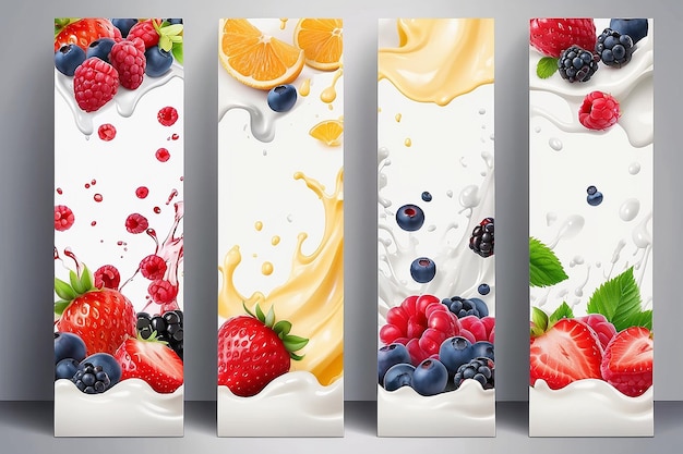 Fruits and berries in milk splashes vector banners