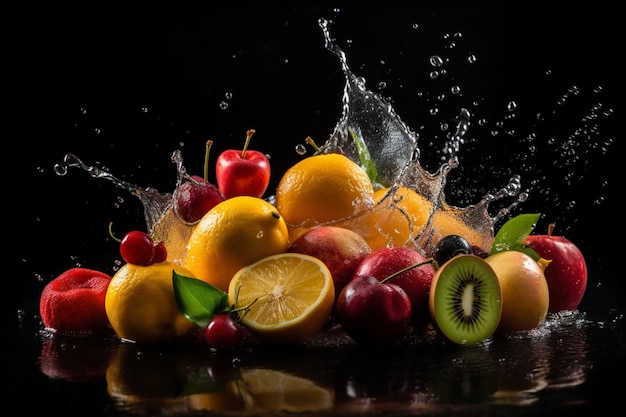 Fruits on black background with water splash