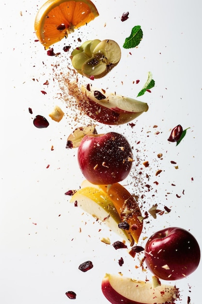 Photo fruits dropping in white background