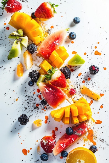 Photo fruits dropping in white background