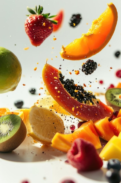 Photo fruits dropping in white background