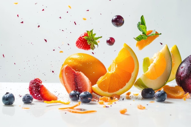 Fruits dropping in white background