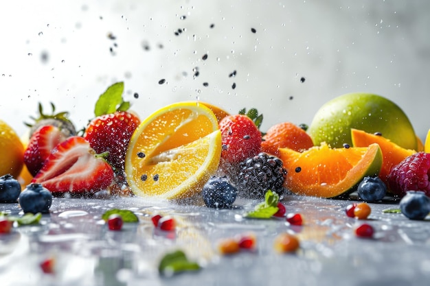 Photo fruits dropping in white background