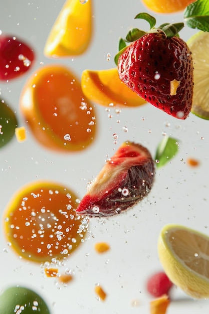 Photo fruits dropping in white background