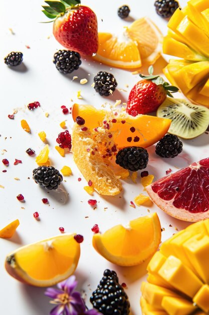 Photo fruits dropping in white background