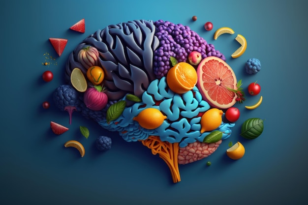 Fruits forming a creative brain Eating healthy food as nutrition to improve memory Generative ai