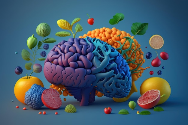 Fruits forming a creative brain Eating healthy food as nutrition to improve memory Generative ai