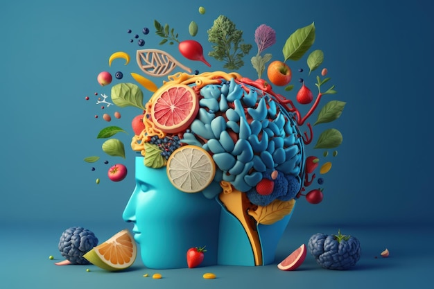 Fruits forming a creative brain Eating healthy food as nutrition to improve memory Generative ai