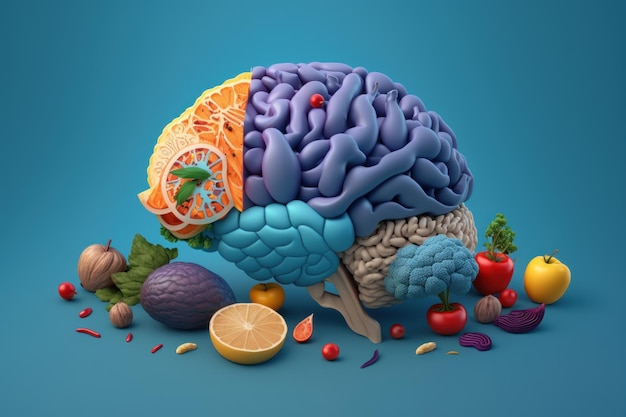 Fruits forming a creative brain Eating healthy food as nutrition to improve memory Generative ai