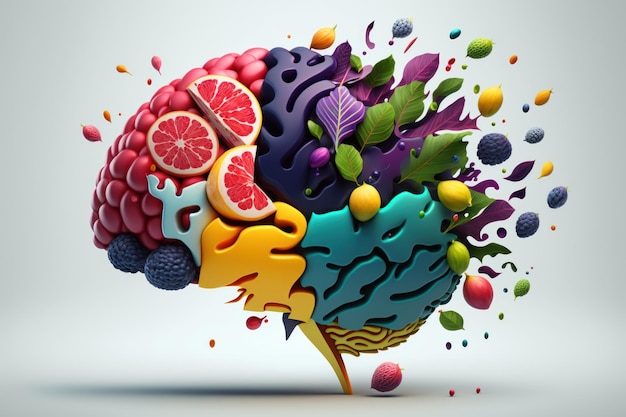 Fruits forming a creative brain Eating healthy food as nutrition to improve memory Generative ai