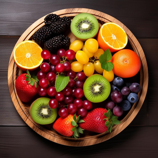 Fruits in a round wooden plate strawberries blueberries kiwi orange grapes