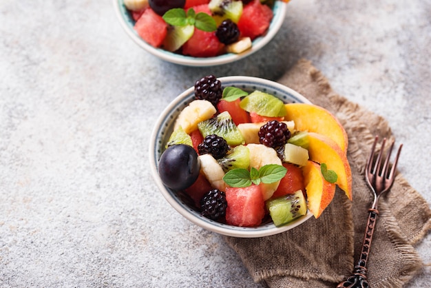 Fruits salad with watermelon, banana and kiwi 