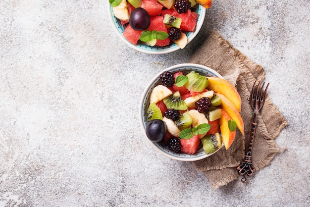 Fruits salad with watermelon, banana and kiwi 