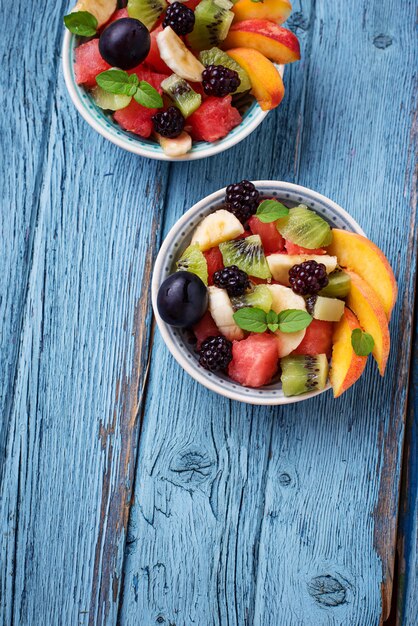 Fruits salad with watermelon, banana and kiwi 