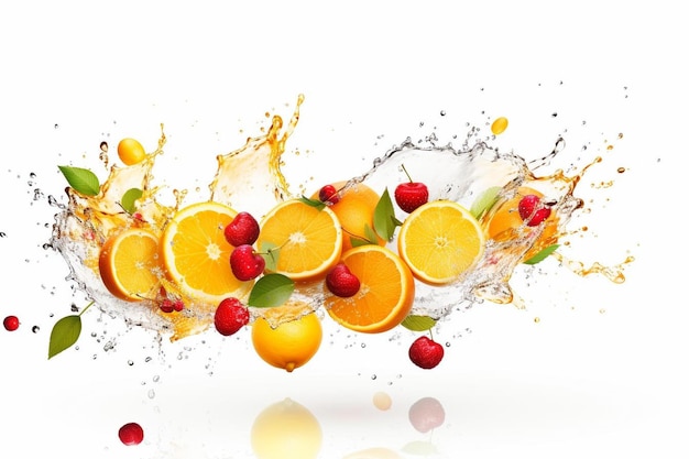 Fruits splash flying fall juice isolated on white background