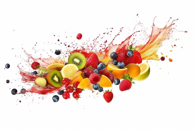 Fruits splash flying fall juice isolated on white background