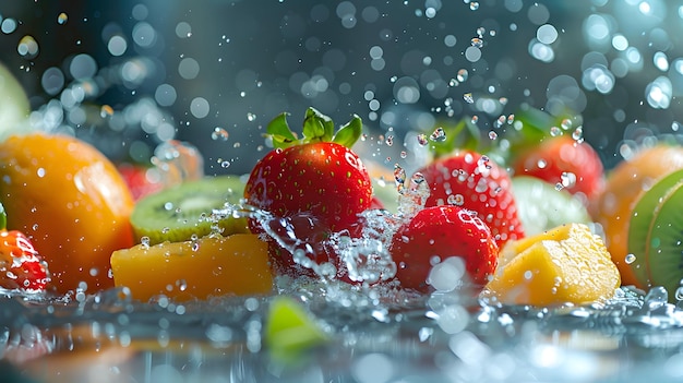 Photo fruits splashing in water closeup of fruit with blurred background of fruits