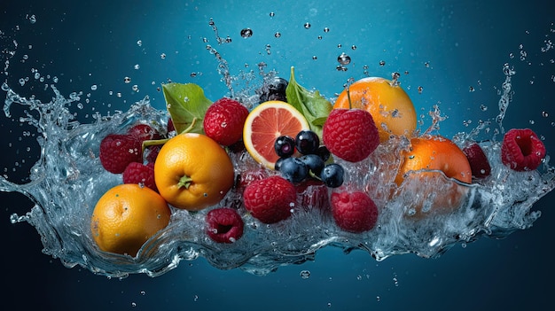 Fruits splashing in the water with a blue background